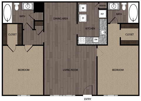 Floor plan for 2 beds, 2 baths, 904 sqft